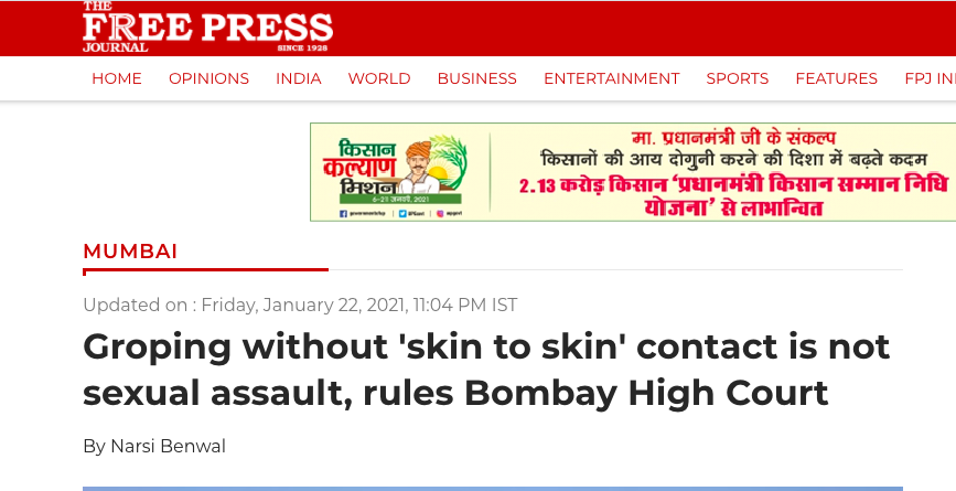 Groping without 'skin to skin' contact is not sexual assault, rules Bombay High Court